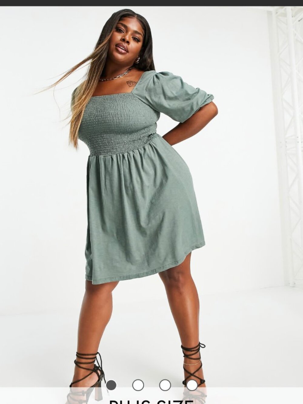 Vero Moda Curve cotton mini skater dress with puff sleeves in khaki Asos 3X